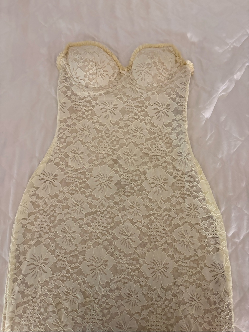 Runaway the Label butter yellow strapless lace formal dress
